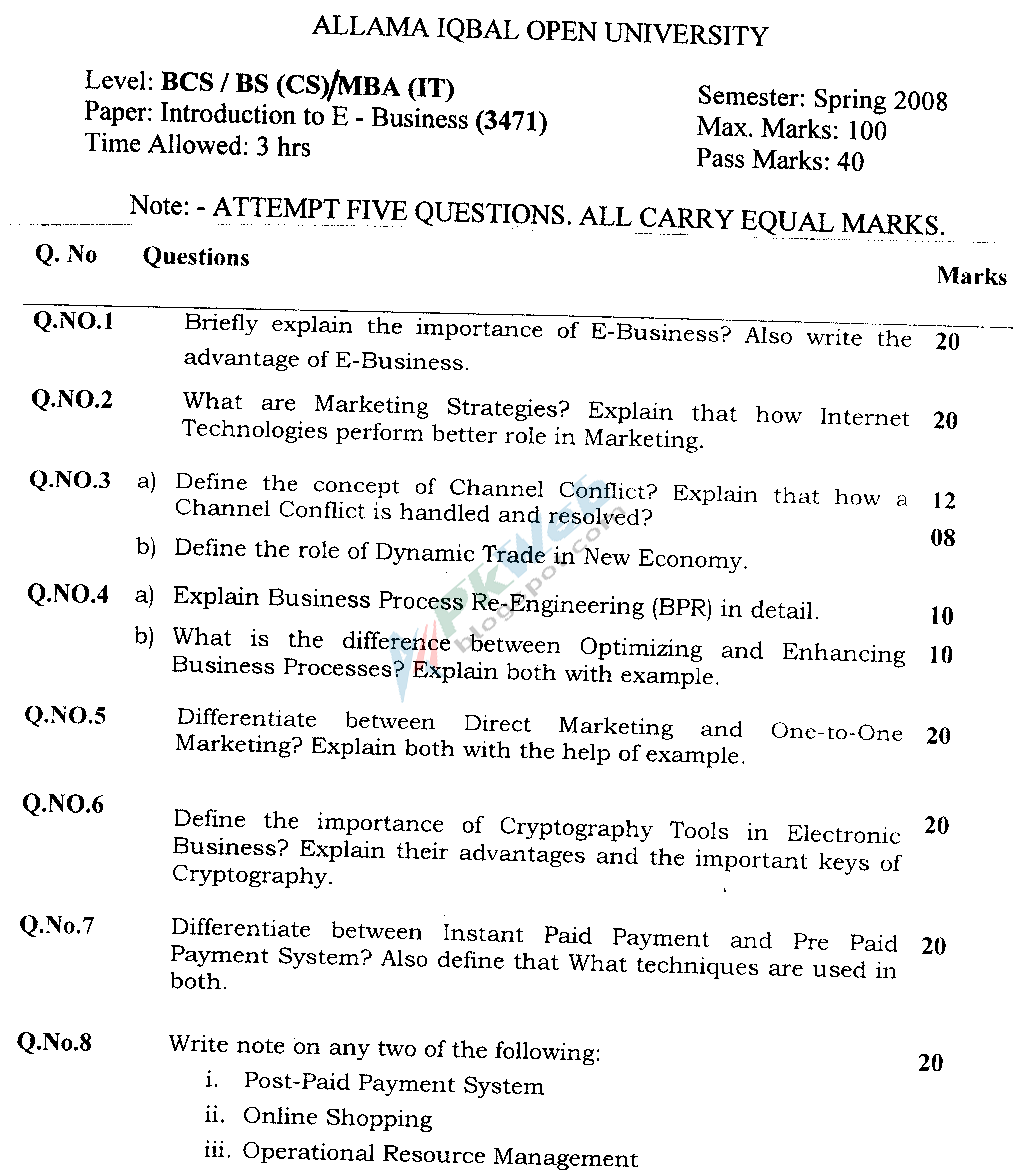 AIOU Code 3471 Introduction to E-Business Spring 2008 Bachelor