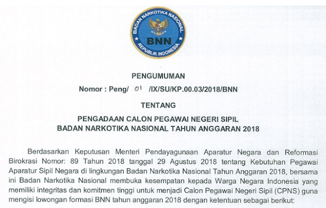  Kepastian penerimaan CPNS di lingkungan Badan Narkotika Nasional  PENGUMUMAN CPNS BADAN NARKOTIKA NASIONAL (BNN) TAHUN 2018 TERSEDIA FORMASI UNTUK SMA/MA/SMK SEDERAJAT