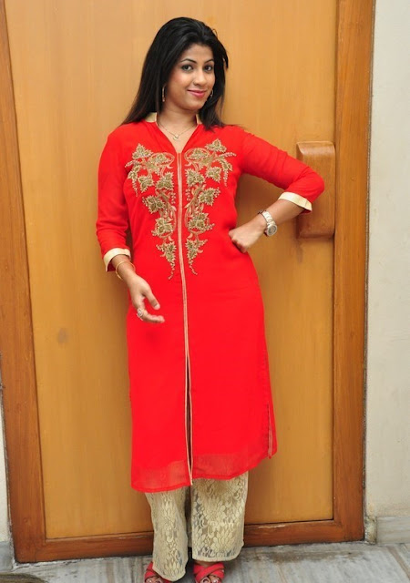 Geethanjali in Red Kurta with Cream Color Net Palazzo Pants