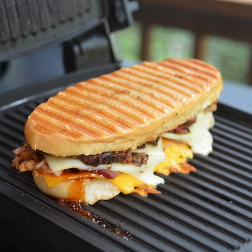 Smashtastic hot-pressed bbq sub with brisket, pork and bacon