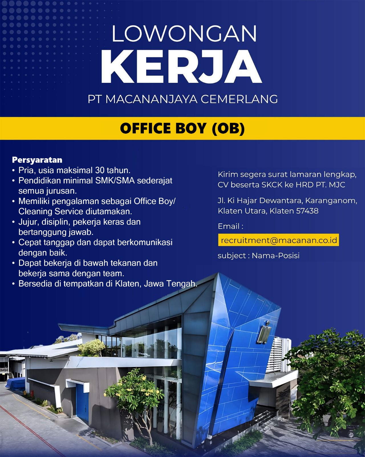 Loker Borongan, OB, Teknisi Workshop di PT Macananjaya Cemerlang Klaten