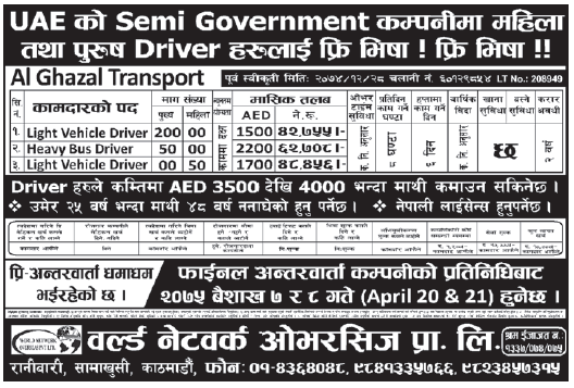 Jobs in UAE for Nepali, Salary Rs 62,708