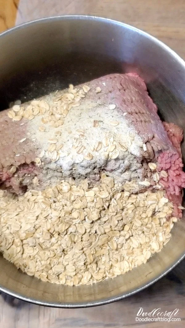 Ingredients Needed for Brahmin Burgers:  2 Pounds of Ground Beef (I got mine for a steal because it was oxidizing already) 1 Cup of Old Fashioned Oats 2 Eggs (mirelurk or radtoad...only 1 deathclaw egg needed, since they are so big😉​) 1 Tablespoon Onion Powder 2 Tablespoons Coarse Salt 1 Tablespoon Pepper