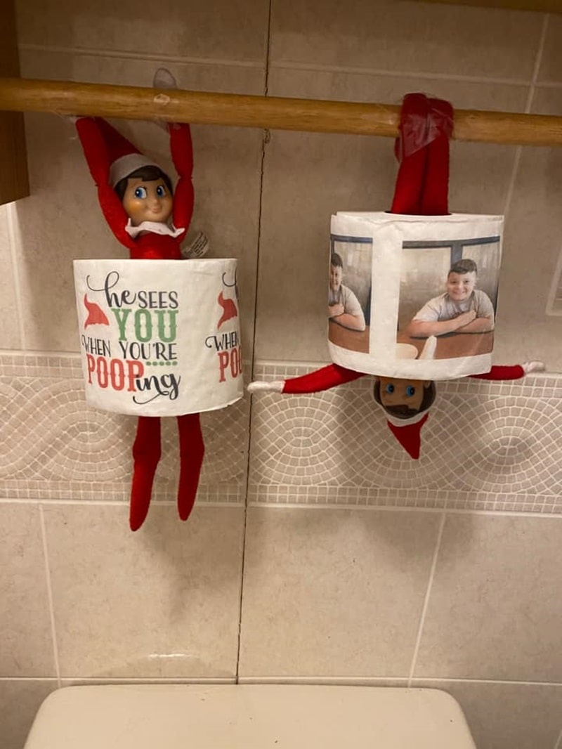 elf replaced toilet paper with novelty Christmas toilet paper.