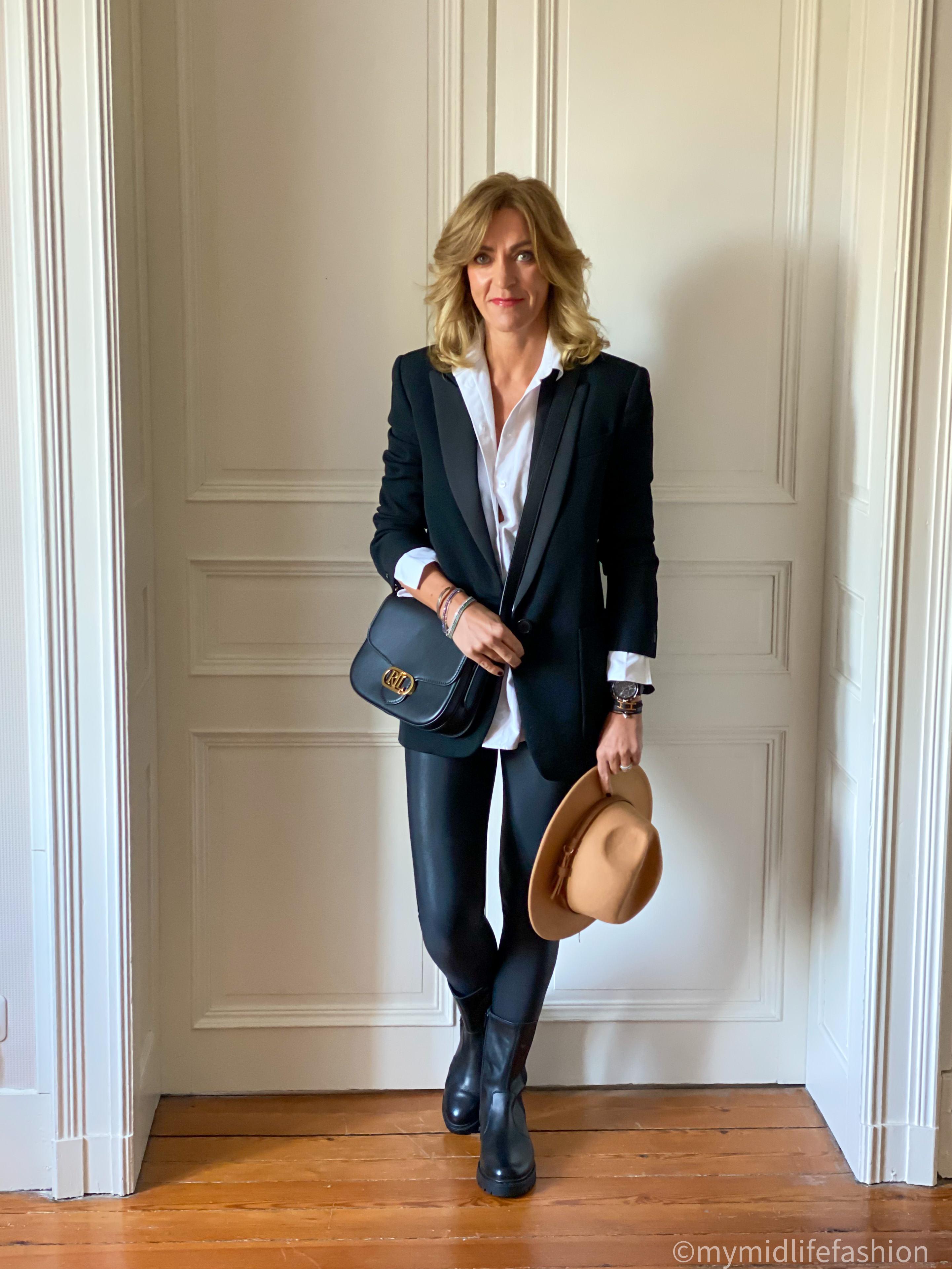 my midlife fashion, jowissa LeWy9 Watch, Isabel marant blazer, & other stories oversized shirt, spanx faux leather leggings, amazon felt fedora hat, Ralph Lauren Addie crossbody bag, geox ankle boots