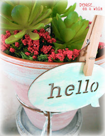 Hello Spring Wooden Tag on a Painted Pot via http://deniseonawhim.blogspot.com