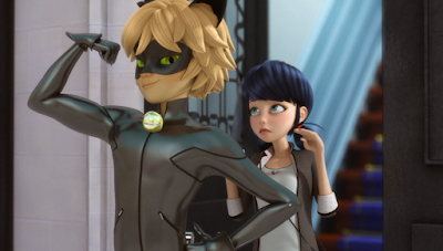 Cat Noir flexes while Marinette, behind him, rolls her eyes at his showing off