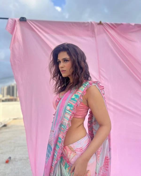 shraddha das saree cleavage pink blouse