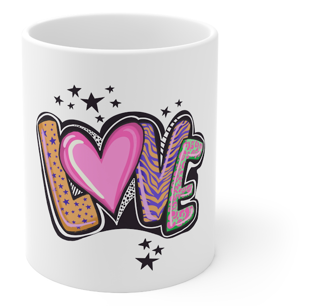 Ceramic Mug With Pink Illustration Cute Love Valentine`s Day With White Background