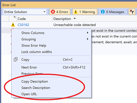 Context menu showing options for: Copy Description, Search Description, and Open Url