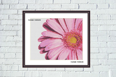 Pink gerbera flower cross stitch hand embroidery pattern - Tango Stitch