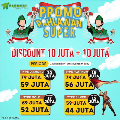 Banner Promo Pahlawan Super Diskon sampai 20 Juta di Kavling Harmoni Nature Park Bogor