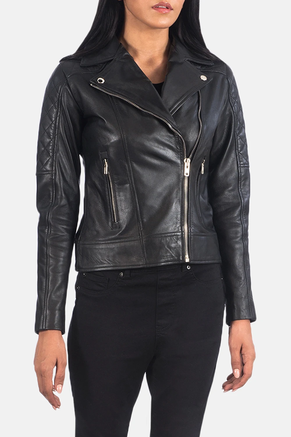 a lookbook snapshot of a woman wearing leather jacket