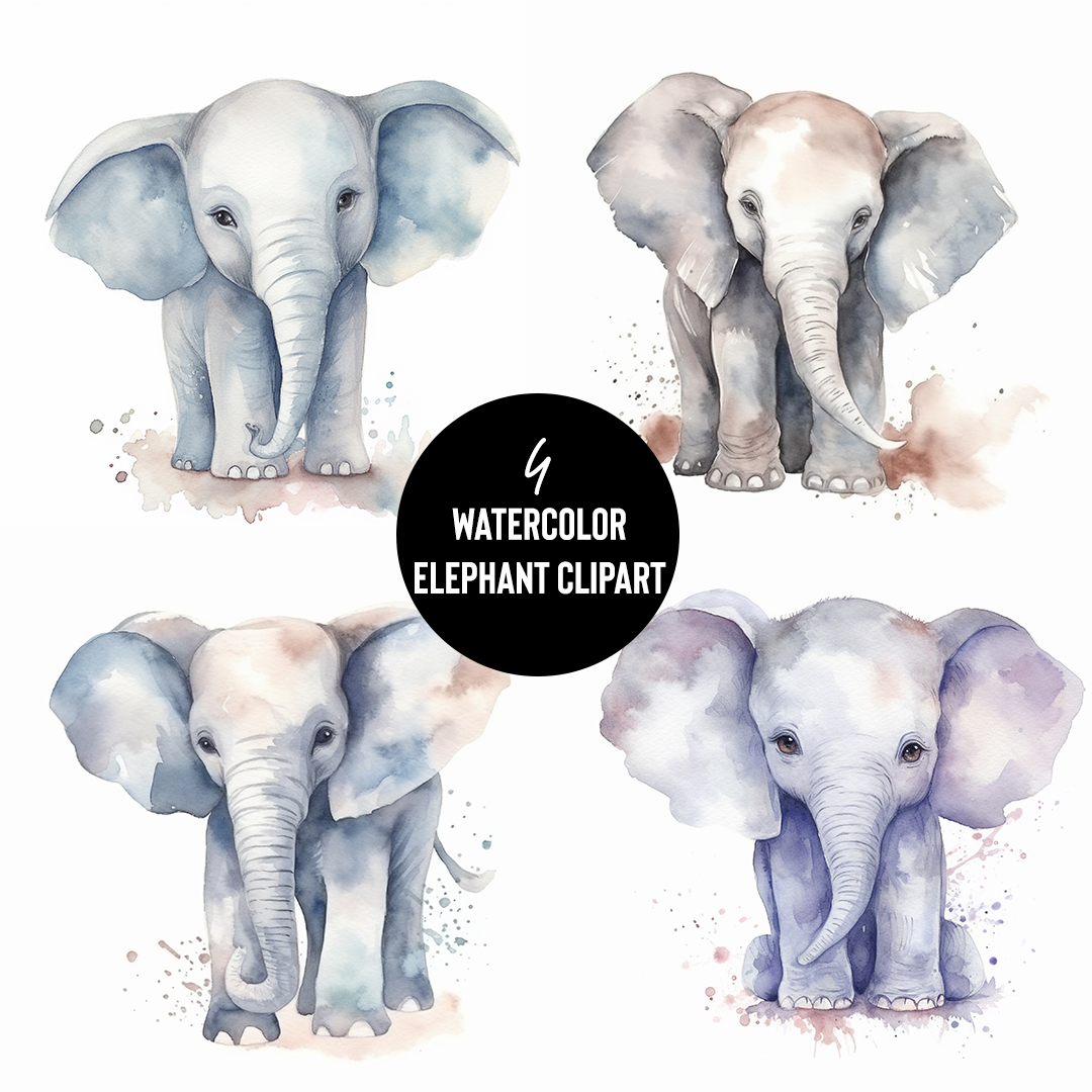 Watercolor-Cute-Elephant-Clipart-With-Transparent-PNG-Files-Free-Download