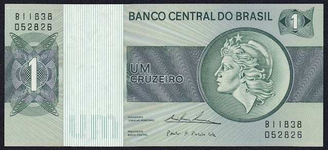Brazil money currency 1 Cruzeiro banknote 1975 Liberty Head