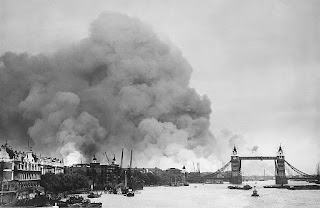Smoke rising from fires in the London docks, following bombing on 7 September