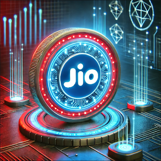 A glowing Jio digital coin with a neon blue and red effect, floating in a high-tech cybernetic environment surrounded by blockchain symbols and digital circuits.