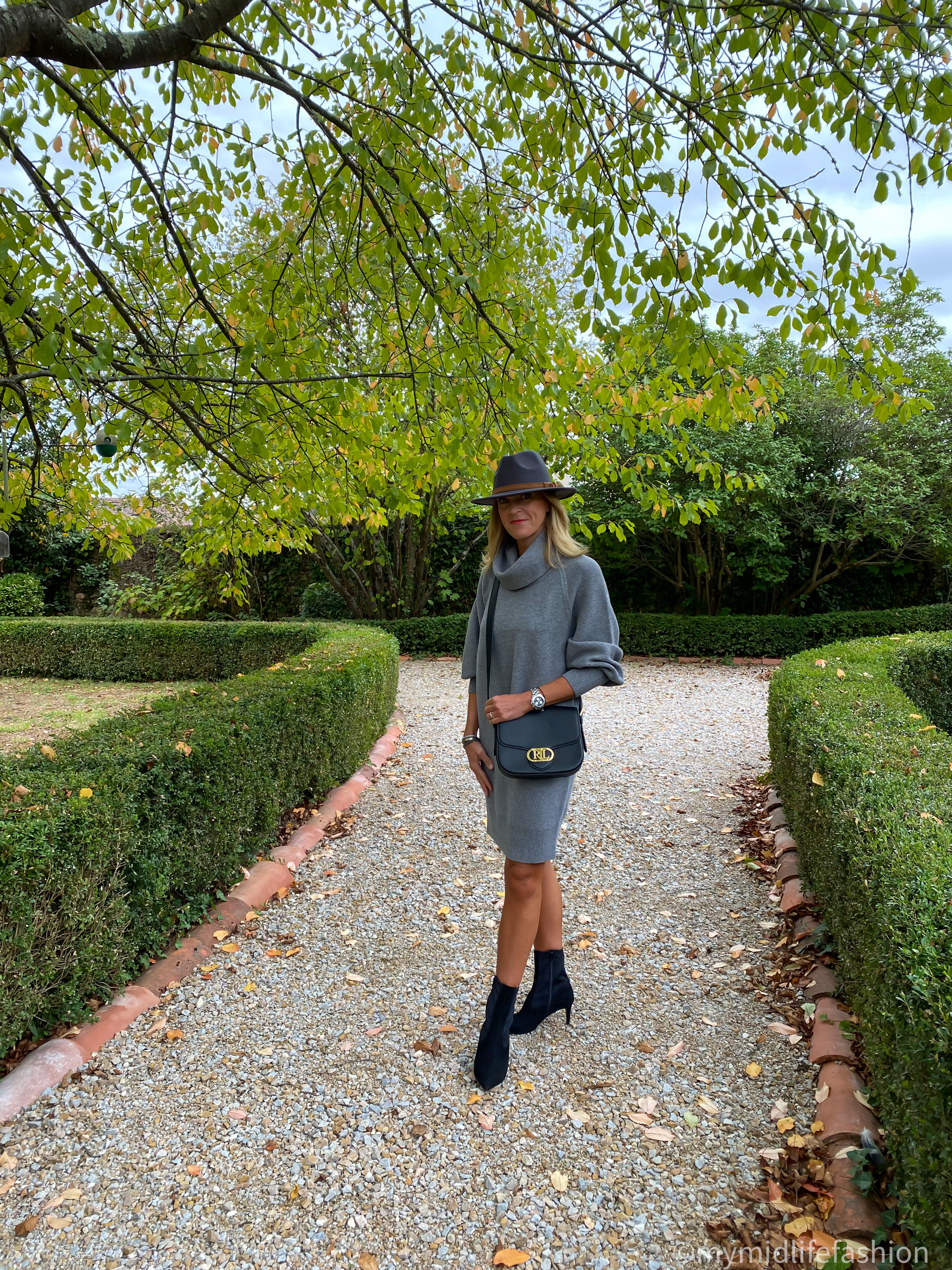 my midlife fashion, amazon fedora hat, phase eight suede sock boot, Lauren Ralph Lauren Addie bag, phase eight dahlia knitted jumper dress