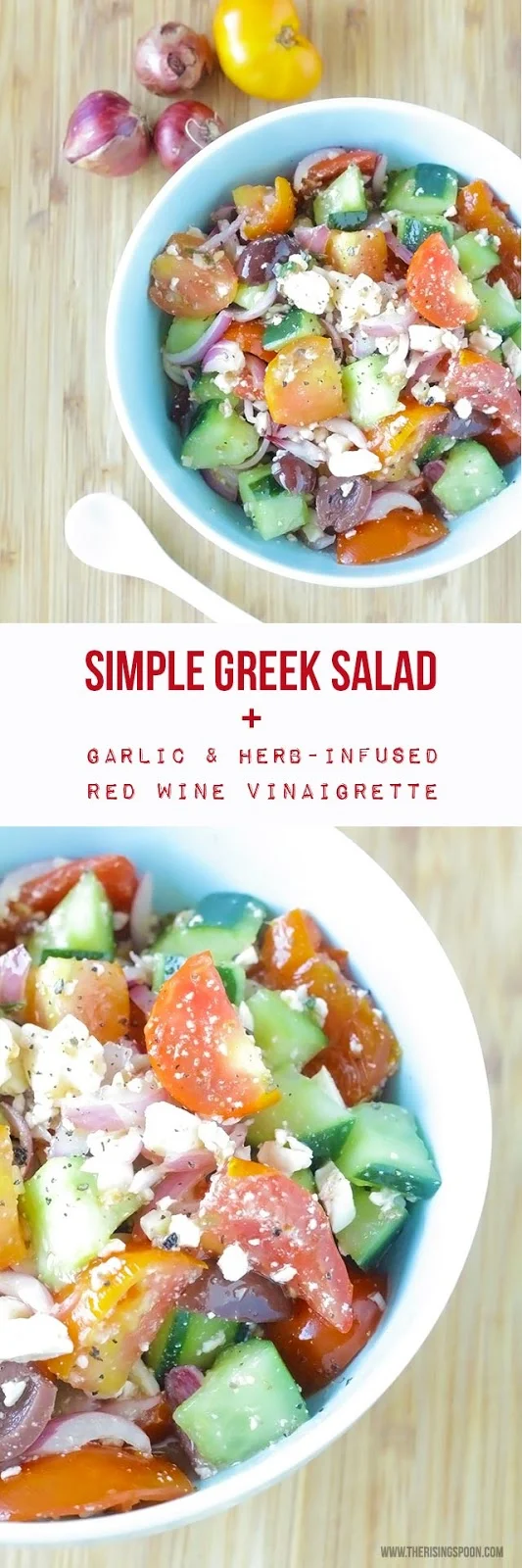 A healthy and refreshing Greek salad with chunky cucumber and tomato, sliced red onion, feta cheese, kalamata olives, and a garlic infused red wine vinaigrette dressing that only takes minutes to make.