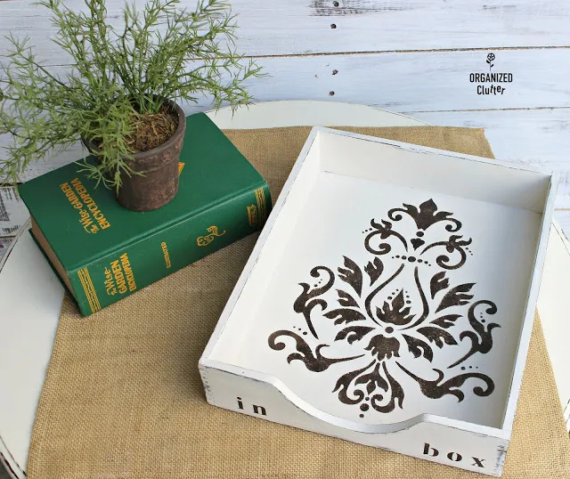 Thrifted Wooden Desk Tray Upcycle #upcycle #stencil #damask #thriftshopmakeover #stencil