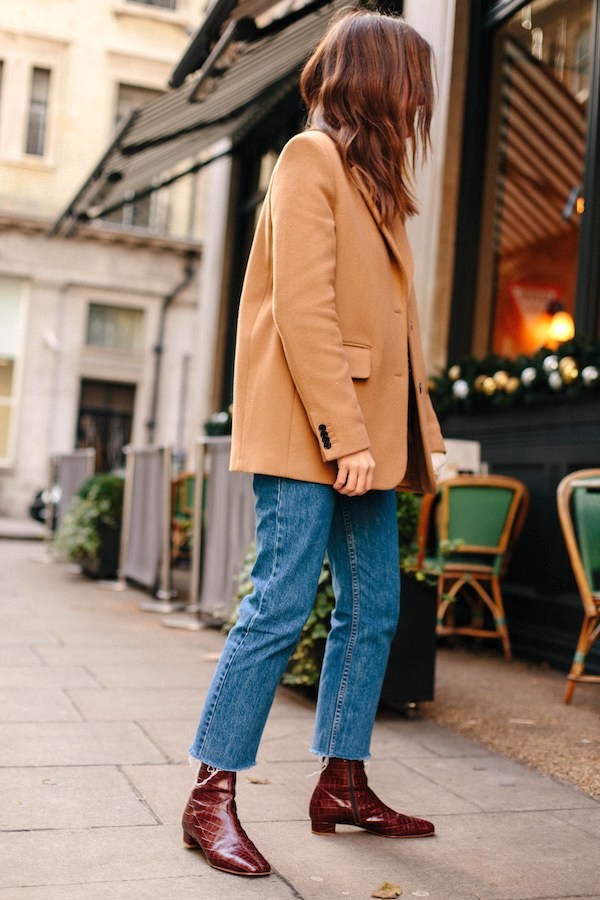 How to Wear Camel Blazer for Spring Outfit — Love Cloth Blog with raw-hem jeans and croc ankle boots