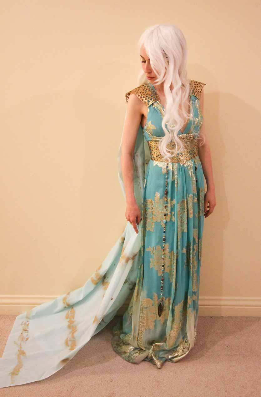 Assembled Khaleesi costume, with DIY gold shoulder plates and belt