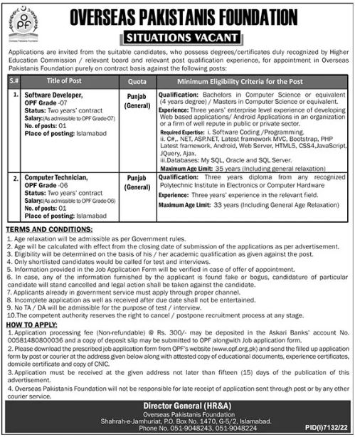 Jobs in Overseas Pakistanis Foundation OPF