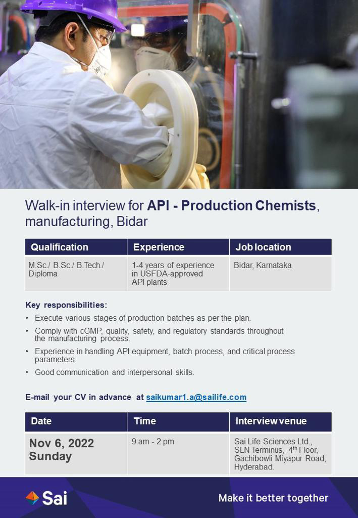 Job Availables, Sai Life Sciences Ltd Walk-In Interview for MSc/ BSc/ B Tech/ Diploma
