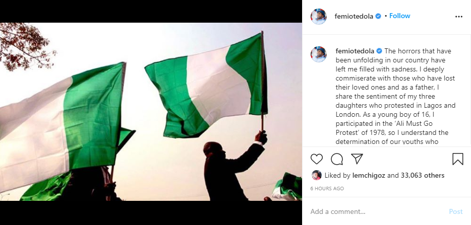 "The horrors that have been unfolding in our country have left me filled with sadness" – Femi Otedola writes as he commiserate with those who have lost their loved ones