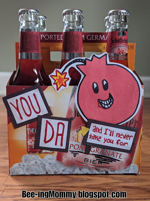 pomegranate beer, decorated beer box, Valentine's gift, Valentine's Day gift, beer gift, fruit puns, cheesy gift, easy gift, cheap gift, you the bomb, I'll never take you for granted, pomegranate sayings, pomegranate puns, Anniversary gift, romantic food sayings, last minute Valentine's gift, Schofferhofer Hefeweizen Pomegranate Bier