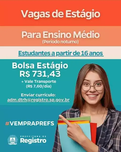 Prefeitura de Registro-SP abre cadastro para estágio de Ensino Médio