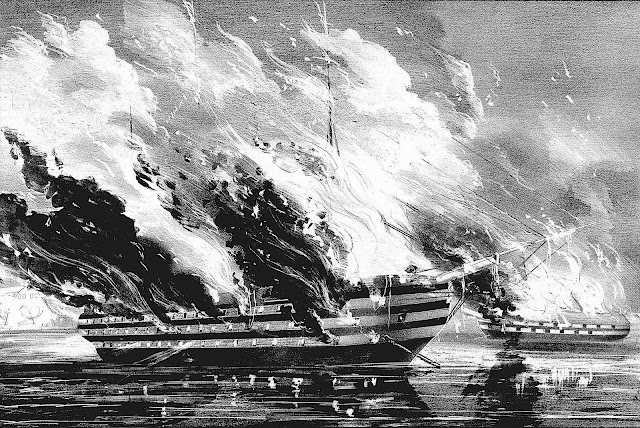 an 1861 Currier and Ives print of burning ships in black and white