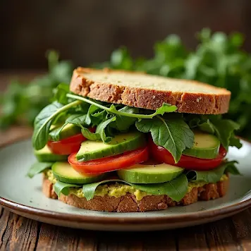 Fresh Triple-A Veggie Sandwich on a plate, with layers of avocado, arugula, artichokes, tomatoes, and cucumbers, served on a rustic table.