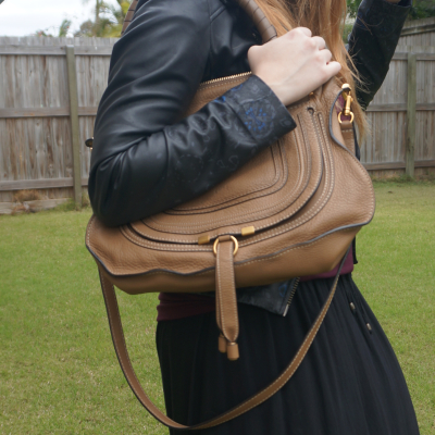 Chloe Marcie medium shoulder bag in nut worn over the shoulder with black leather jacket | awayfromtheblue