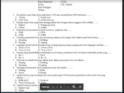 Soal PAS PJOK Kelas 7 K13 (50 PG) Sem.1/Ganjil