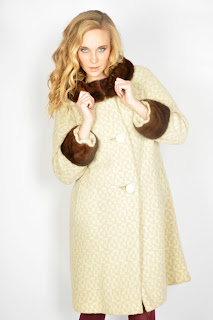 Vintage 1960's ivory op-art mod style coat with brown mink collar and cuffs.