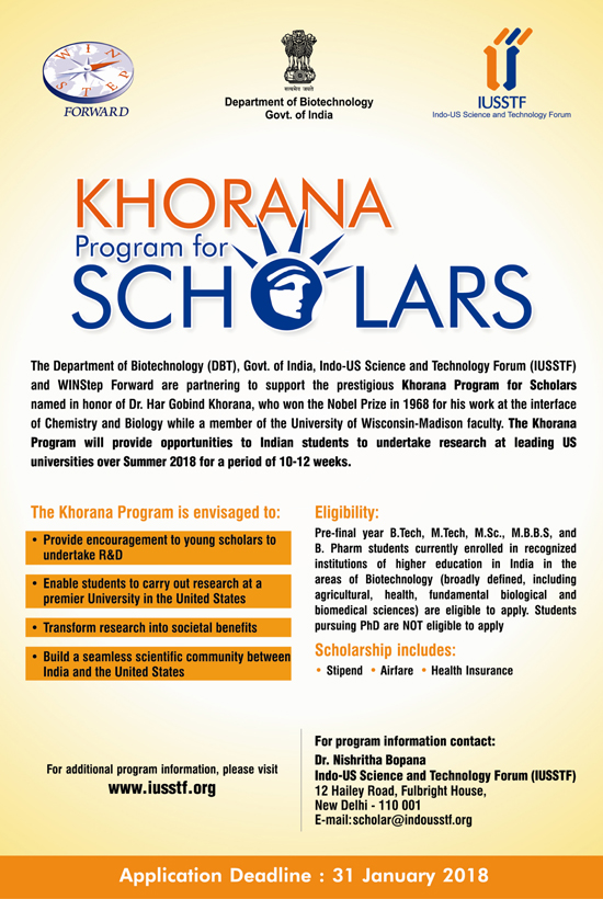 KHORANA PROGRAM 2018 for Indian Students to do Research in US Universities | All Final Year Students Eligible