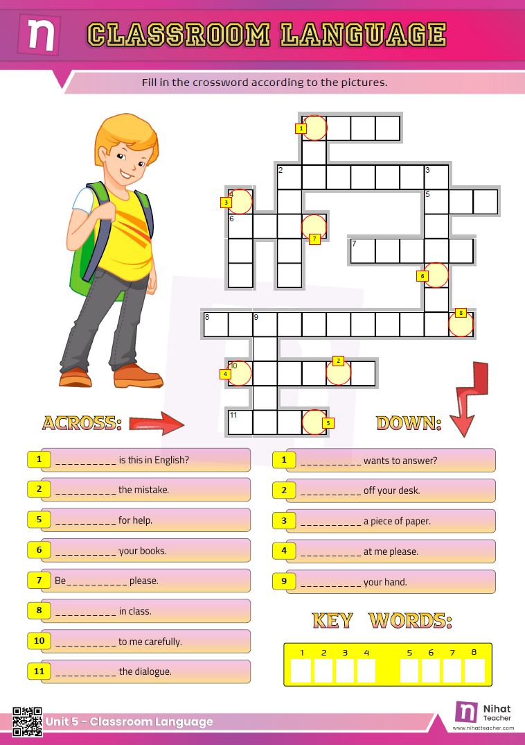 Practise English Vocabulary.  An elegant worksheet about classroom language in English.  Click here to download a worksheet about classroom language in English in printable PDF format.  Search this site to find more about classroom language in English.