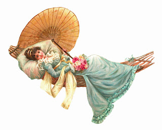 Vintage color drawing of a Victorian lady with a paper parasol laying in a hammock holding a bouquet of flowers.  