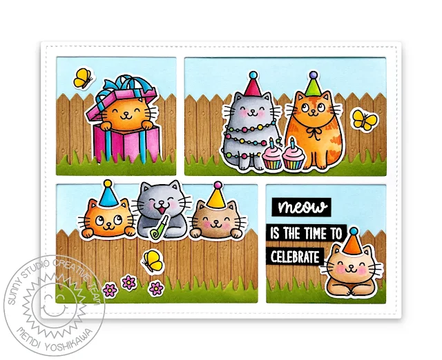 Sunny Studio Meow is the Time to Celebrate Punny Kitty Card (using Birthday Cat Stamps, Comic Strip Speech Bubbles & Picket Fence Dies)