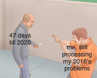 A Wiki-How illustration of a man with a knife approaching another man who is cowering with hands up, they are labelled respectively: "47 days until 2020" and "me, still processing my 2016's problems"