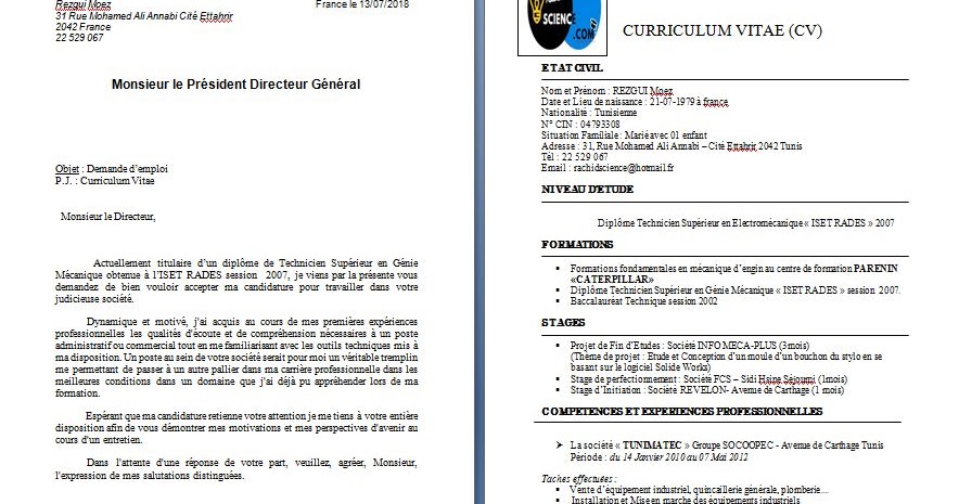 La lettre de motivation et Curriculum Vitae (CV) 2018 word - Science