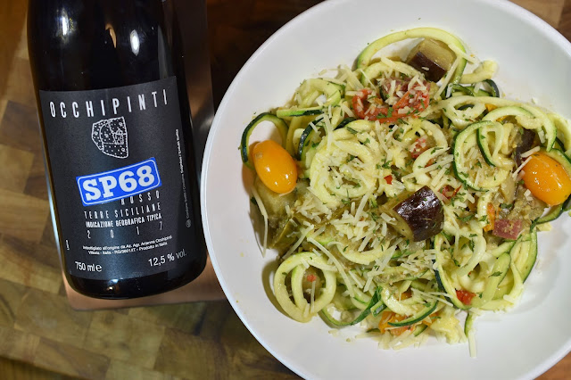 Arianna Occhipinti SP68 Sicilia Rosso with Creamy Eggplant and Tomato Zoodles 