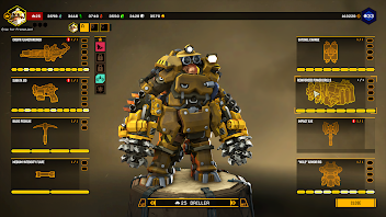 Driller Loadout Screen showcasing his loadout with a Flamethrower, pistol, pickaxe and flare on the left and his loadout of explosive charge, drilling tool, throwing axe in grenade slot and his armour. None of his gear has any modification and to the right of the left loadout near the top is his assigned abilities which are "second wind" passive and "heighten senses" active