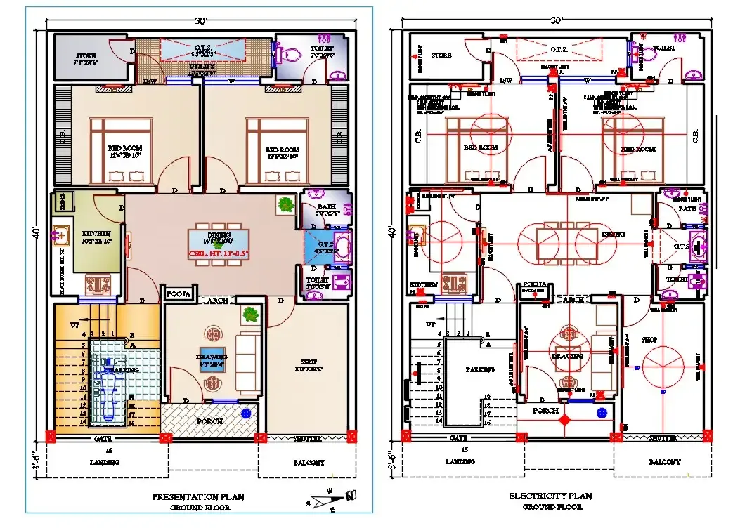 30X40 House Plan With Electrical Layout Drawing DWG File - Cadbull