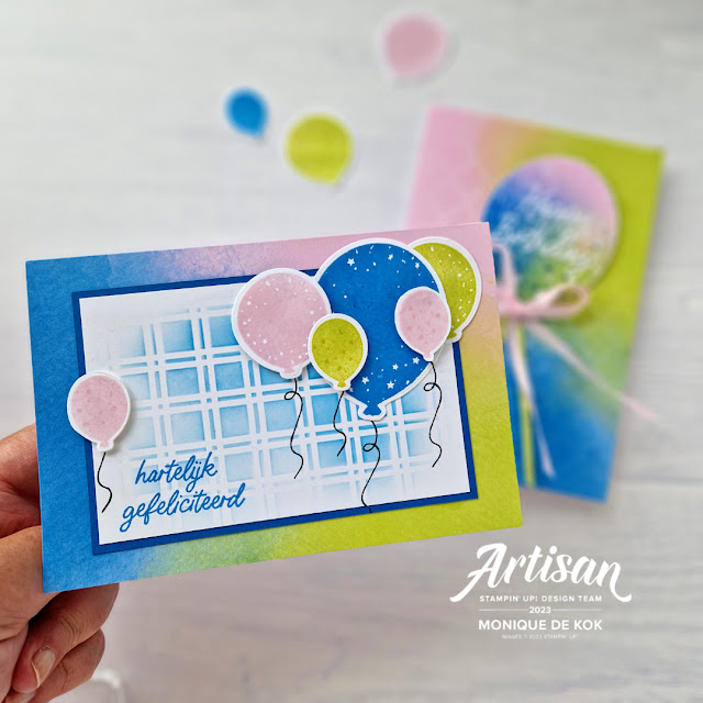 Feestballonnen, stempelset, Beautiful Balloons, decorative masks, sjablonen, zelfgemaakte kaart, achtergrond, Stampin Up, Hop Abroad, Stampin met Monique