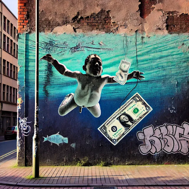 A street art mural on the side of a weathered urban building, depicting a submerged person reaching for a floating dollar bill attached to a fishing hook. The deep blue-green water emphasizes a sense of drowning, symbolizing economic struggle and the illusion of financial stability. The surrounding environment includes a streetlamp, graffiti tags, and a brick sidewalk, reinforcing the gritty cityscape.