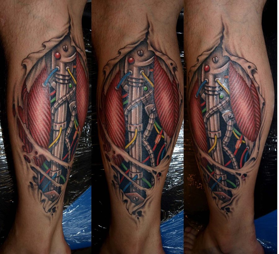 biomechanical tattoo on the calf