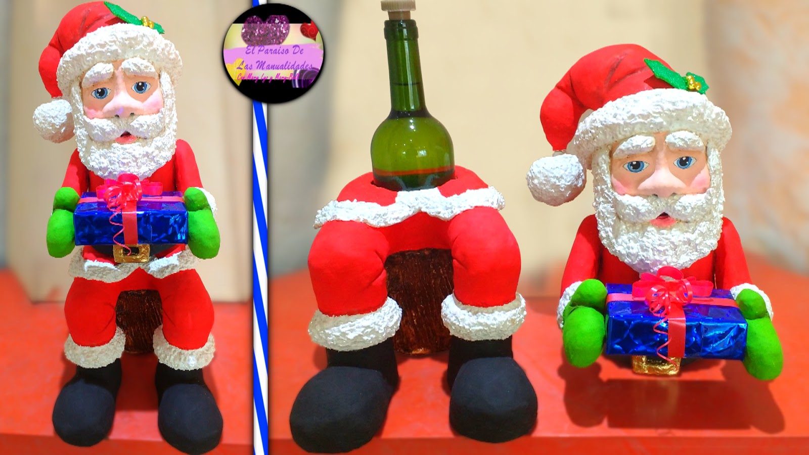 Diy Porta botella navideño de vino o licor en forma de papa Noel sentado con material reciclado