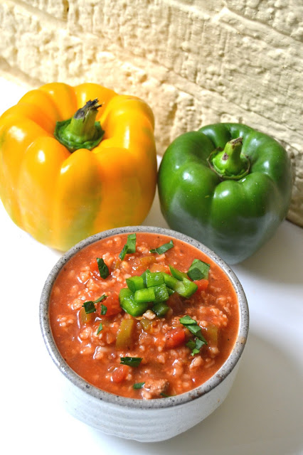 Vegetarian Stuffed Bell Pepper Soup- flavorful and hearty. Uses whole-grain brown rice for more fiber and is perfect for a chilly day.